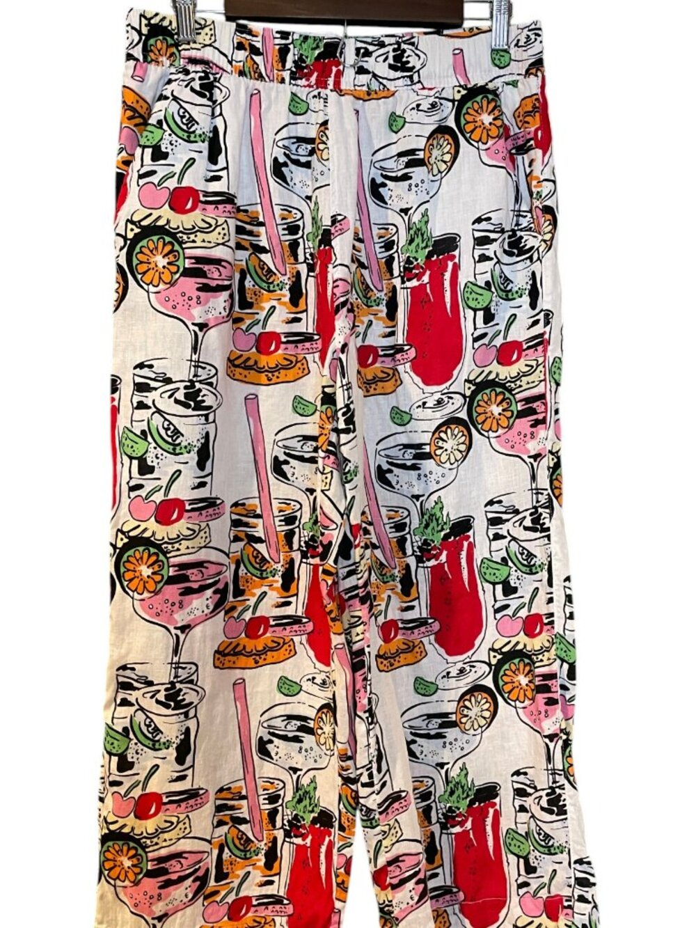 Nicole Miller 100% Linen Cocktail Print Wide Leg Pants Size L Cocktail Brunch